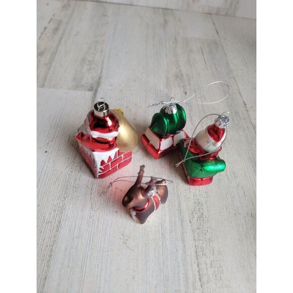 Blown glass Santa Claus chimney red card tree reindeer sleigh set ornament Xmas - Picture 6 of 7